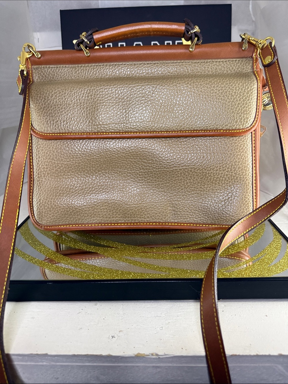 Dooney & Bourke Gold and Tan Pebbled Leather Satchel with Strap - Picture 5 of 7